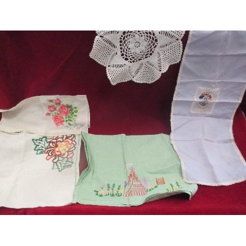 228 - QUANTITY OF VINTAGE HAND-MADE, HAND- EMBROIDERED  AND CROCHETED LINEN ITEMS, INCLUDES TABLECLOTHS, N... 