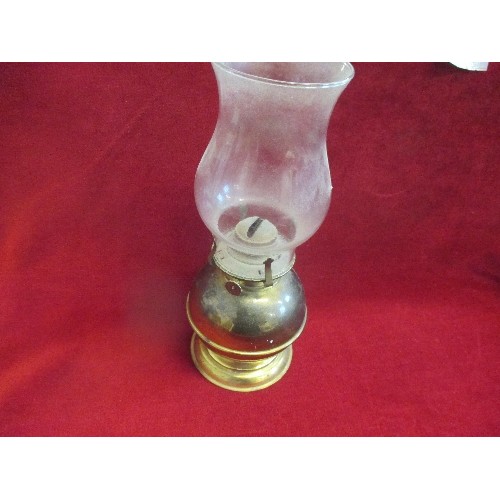 273 - BRASS OIL LAMP WITH GLASS STORM SHADE - 31CM