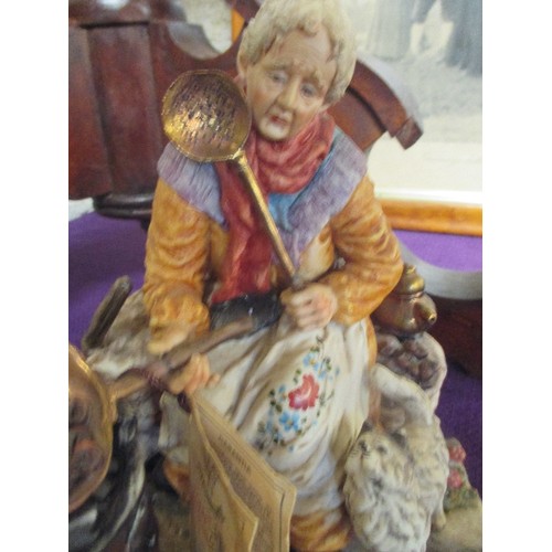 175C - A VERY GOOD QUALITY AND HIGHLY DETAILED CAPODIMONTE FIGURE OF AN ELDERLY LADY AT HER STOVE - REPAIR ... 