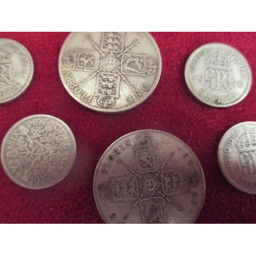 184G - 13 X SILVER CONTENT COINS - 3 X GEO V FLORINS , 2 X GEO V SHILLINGS, 2 X GEO V SIXPENCE AND 6 X GEO ... 