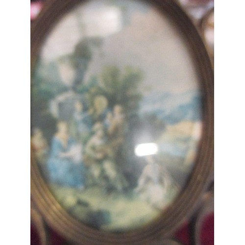 249B - A PAIR OF ITALIAN BRASS ROCOCO STYLE TRIPLE FRAMES WITH PRINTS OF 18TH CENTURY PAINTINGS AND PORTRAI... 