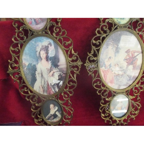 249B - A PAIR OF ITALIAN BRASS ROCOCO STYLE TRIPLE FRAMES WITH PRINTS OF 18TH CENTURY PAINTINGS AND PORTRAI... 