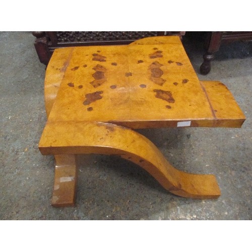 445 - EGYPTIAN ART DECO STYLE TABLE IN EXOTIC HONEY COLOURED VENEER - UNUSUAL ASSYMETRICAL LEGS