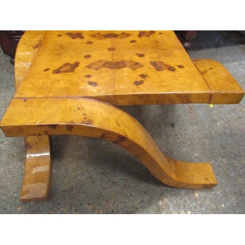 445 - EGYPTIAN ART DECO STYLE TABLE IN EXOTIC HONEY COLOURED VENEER - UNUSUAL ASSYMETRICAL LEGS