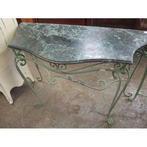 454 - FRENCH WROUGHT IRON CONSOLE TABLE WITH DARK GREEN MARBLE TOP - SERPENTINE SHAPE - 124CM X 58CM X 87C... 