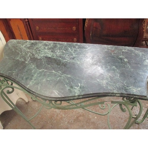 454 - FRENCH WROUGHT IRON CONSOLE TABLE WITH DARK GREEN MARBLE TOP - SERPENTINE SHAPE - 124CM X 58CM X 87C... 