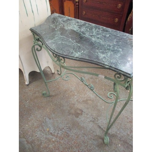 454 - FRENCH WROUGHT IRON CONSOLE TABLE WITH DARK GREEN MARBLE TOP - SERPENTINE SHAPE - 124CM X 58CM X 87C... 