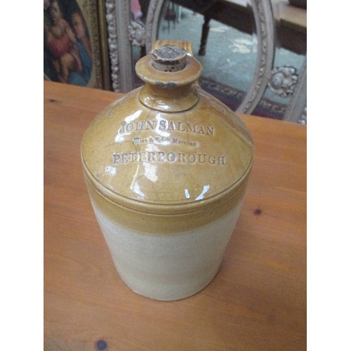 450 - LARGE VINTAGE STONEWARE SPIRIT FLAGON. JOHN SALMAN, PETERBOROUGH WINE & SPIRIT MERCHANT. SOME CRACKI... 