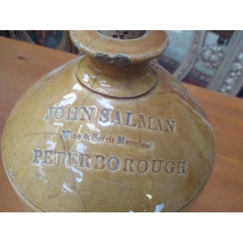 450 - LARGE VINTAGE STONEWARE SPIRIT FLAGON. JOHN SALMAN, PETERBOROUGH WINE & SPIRIT MERCHANT. SOME CRACKI... 