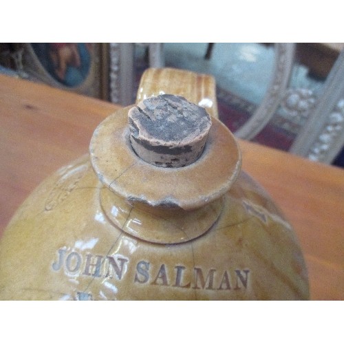 450 - LARGE VINTAGE STONEWARE SPIRIT FLAGON. JOHN SALMAN, PETERBOROUGH WINE & SPIRIT MERCHANT. SOME CRACKI... 