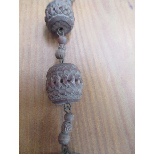 83 - UNUSUALLY LONG EARLY 20TH CENTURY FRENCH CARVED WOOD WALL OR ALTER ROSARY BEADS - OVER 2 METRES HANG... 