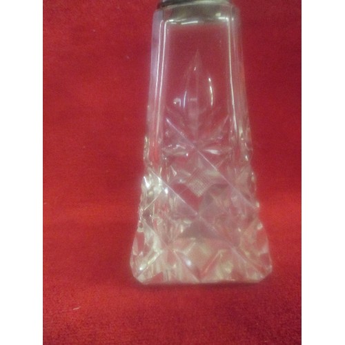 40A - CUT GLASS SCENT BOTTLE WITH SILVER COLLAR -= LONDON 1921 -20CM - CHIPS TO STOPPER