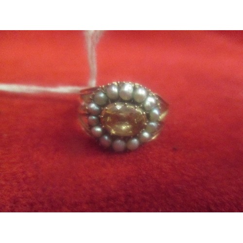 55A - A LOVELY ANTIQUE GILT METAL RING WITH NATURAL SEED PEARLS AND OVAL CUT CITRINE STONE - HAS BEEN RE-S... 