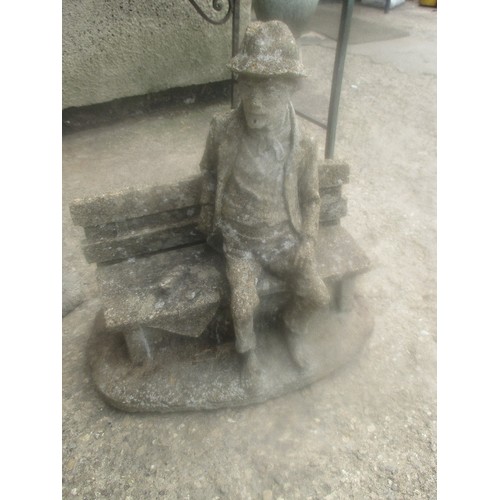 211C - VINTAGE CONCRETE GARDEN ORNAMENTS INC AN OLD MAN AND AN OLD WOMAN ON BENCHES AND A RECLINING GNOME