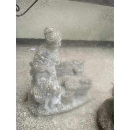 211C - VINTAGE CONCRETE GARDEN ORNAMENTS INC AN OLD MAN AND AN OLD WOMAN ON BENCHES AND A RECLINING GNOME