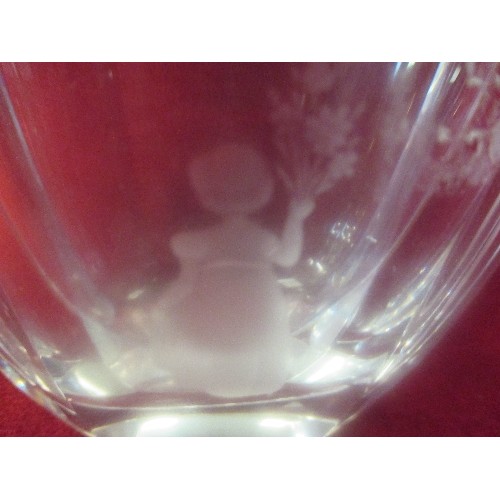 180A - A BEAUTIFUL 20TH CENTURY CRYSTAL ORREFORS VASE ETCHED WITH A CHILD CARRYING FLOWERS - SIGNED TO BASE... 