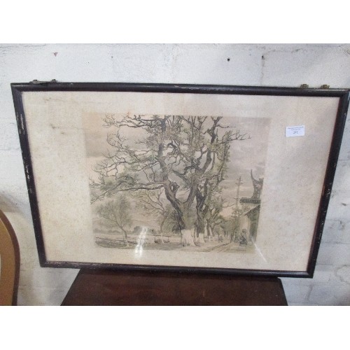 71 - AN UNUSUAL 20TH CENTURY PRINT OF A WATER FRONT IN THE FAR EAST - BLACK FRAME WITH CHINESE STYLE  BRA... 