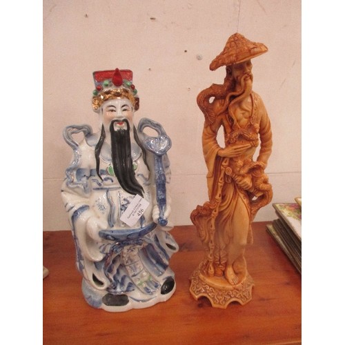 103 - CHINESE PORCELAIN EMPEROR FIGURE (36 CM) AND A RESIN WISE MAN FIGURE (38CM)