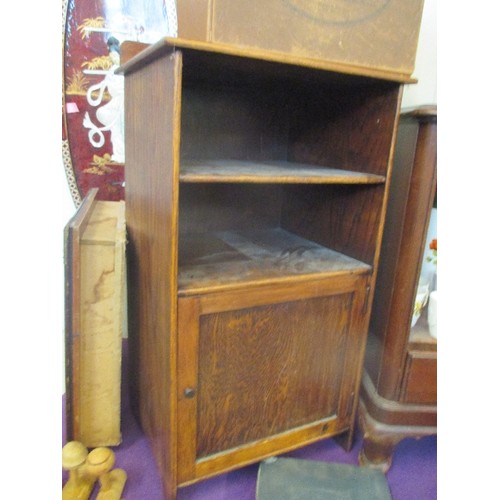 130 - 2 VINTAGE CABINETS. THE TALLEST IS OAK, 80CM H [INC UPSTAND] HAS OPEN SHELVES WITH CABINET BELOW.