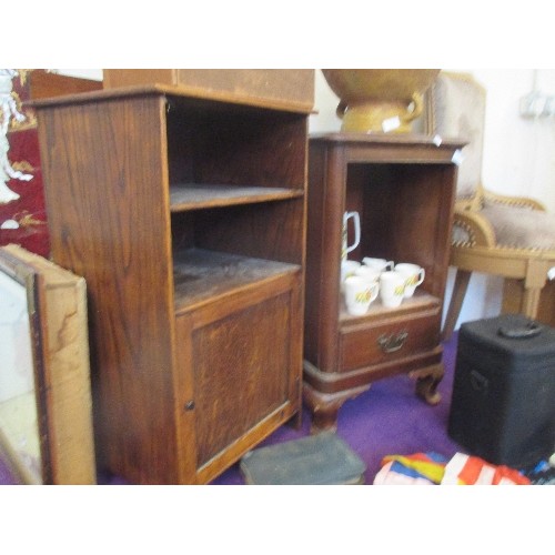 130 - 2 VINTAGE CABINETS. THE TALLEST IS OAK, 80CM H [INC UPSTAND] HAS OPEN SHELVES WITH CABINET BELOW.