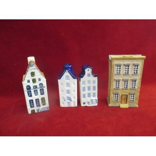 68 - HANDPAINTED CERAMIC DUTCH HOUSE 'SINGEL 4' ALSO DUTCH HOUSE CONDIMENT SET, AND ANOTHER CERAMIC TOWN ... 