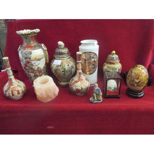 90 - ORIENTAL ITEMS X 10. INCLUDES VASES, GINGER JARS, HAND-PAINTED EGG, & A MINIATURE TRAVEL ABACUS.