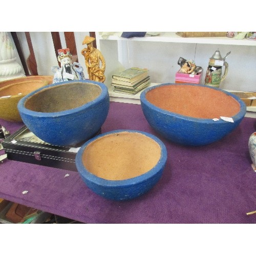 100 - SET OF 3 RUSTIC BLUE CLAY BOWLS FROM EGYPT. LARGEST 40CM DIAM.