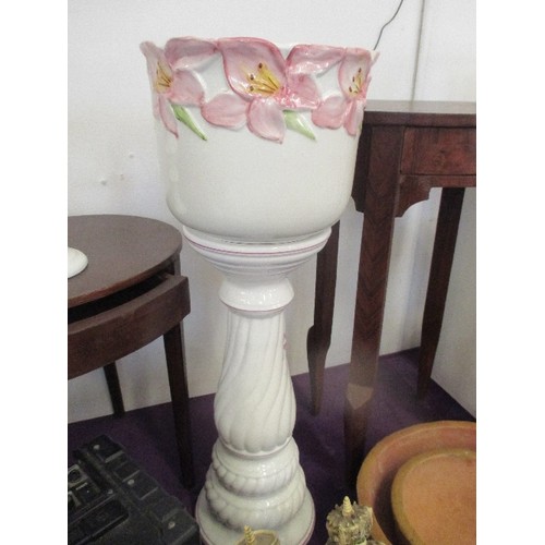 109 - LARGE JARDINIERE ON STAND WITH PINK FLOWER DESIGN, AND A SMALLER PLANT POT