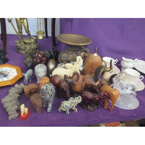120 - LARGE COLLECTION OF 25 ELEPHANT FIGURES. MAINLY WOODEN, ALSO CERAMIC AND GLASS. MIXED STYLES.