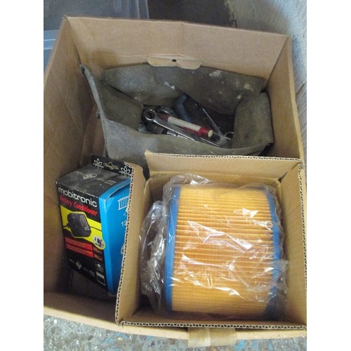 152 - FILTER, BATTERY CONDITIONER (BOXED) AND BAG OF SPANNERS AND TOOLS