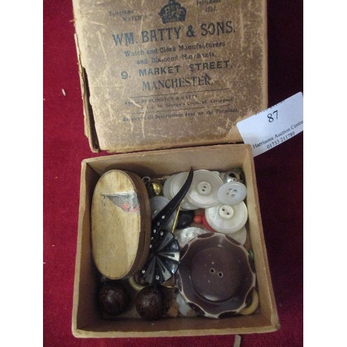 87 - VINTAGE BUTTONS IN OLD 'BATTY & SONS-MANCHESTER' BOX.
