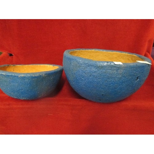93 - 2 RUSTIC BLUE CLAY BOWLS FROM EGYPT. LARGEST 30CM DIAM.