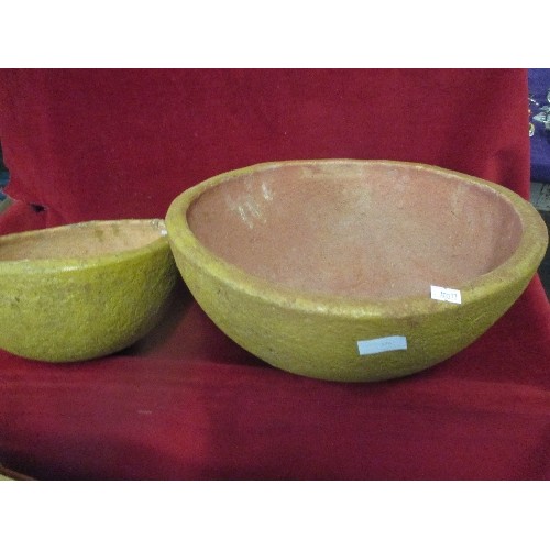 105 - 2 RUSTIC CLAY BOWLS FROM EGYPT. LARGEST 39CM DIAM.