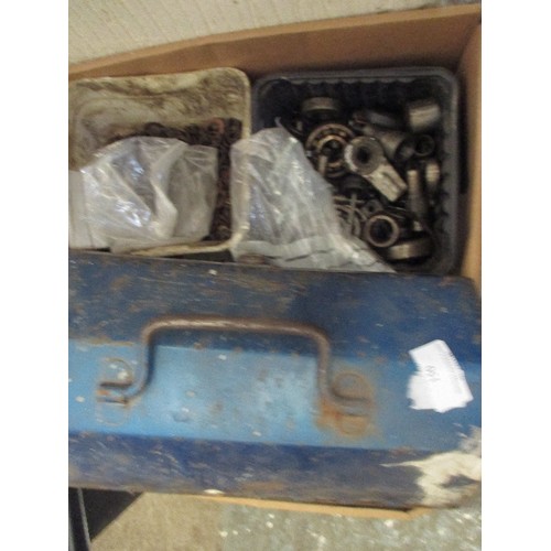 150 - LARGE MIXED BOX, INCLUDES METAL TOOLBOX FULL OF SPANNERS, ALSO SOCKETS, NAILS, WASHERS, NUTS & BOLTS... 