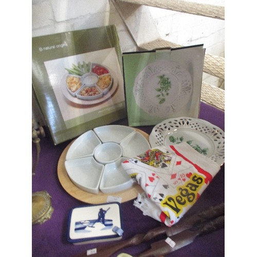 163 - 'CHIP & DIP' CERAMIC DISHES ON WOODEN BASE- BOXED, ALSO SERVING PLATE-BOXED, BUTTER DISH & A  LAS VE... 