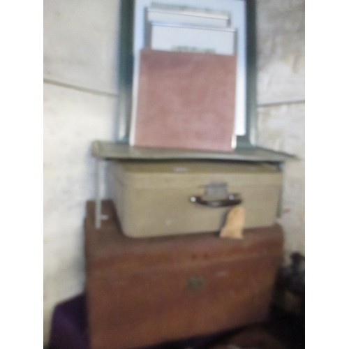 177 - LARGE MIXED RETRO VINTAGE LOT, INCLUDES SMALL PAINTED CABINETS, TIN TRUNK, SUITCASE, SET OF MYOTT BL... 
