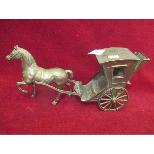 251 - HEAVY BRASS HORSE AND CART. APPROX 30CM.L.  TOTAL