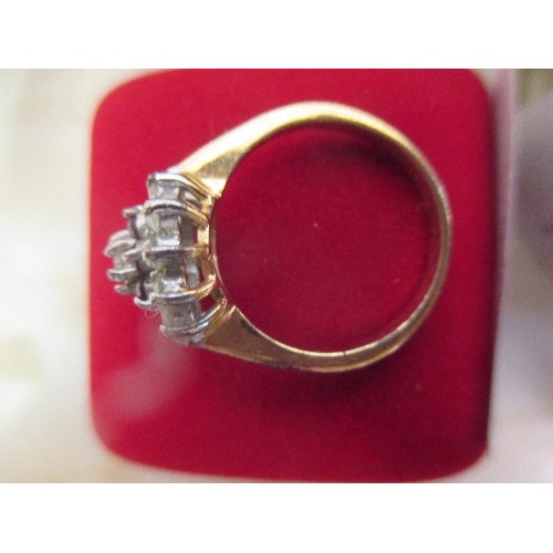 24 - A RING WITH RED AND WHITE STONES IN A CLUSTER SETTING SIZE O