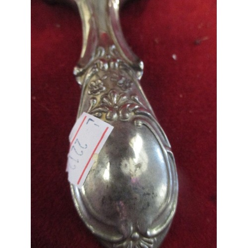 31 - SILVER PLATED HAND MIRROR WITH EMBOSSED FLOWER AND SCROLL DESIGN