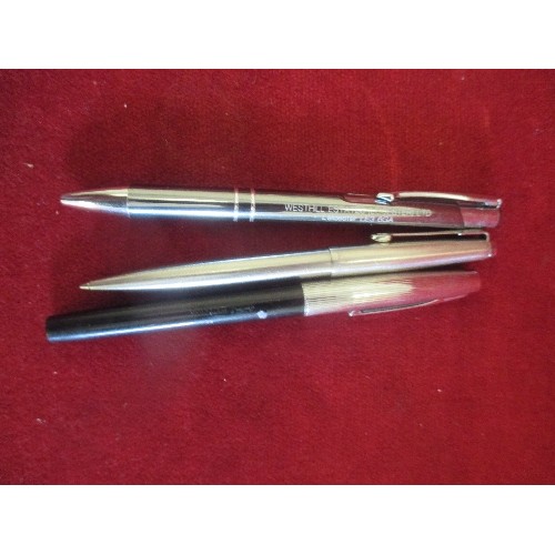 43 - 5 X FOUNTAIN PENS AND BALLPOINTS. INCLUDES PARKER BRUSHED STEEL BALLPOINT, COMMANDO FRANCE FOUNTAIN ... 