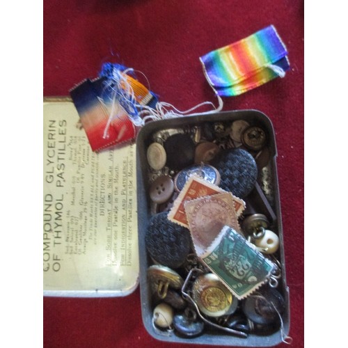 48 - VINTAGE COLLECTABLES INC TIN CONTAINING MILITARY BRASS BUTTONS MARKED CANADA, BUCKLES, MEDAL RIBBONS... 