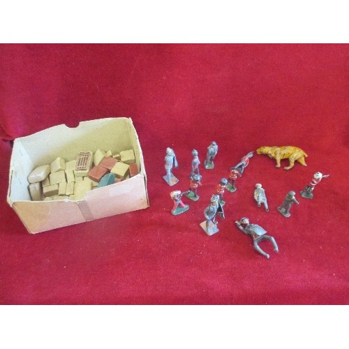 53 - BOX OF VINTAGE LEAD TOY SOLDIERS , KNIGHTS IN ARMOUR AND TOY BRICKS