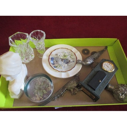 55 - TRAY OF MIXED ITEMS INCLUDING SWAROVSKI CRYSTAL ANIMALS, SCENT BOTTLE, PLATED PHEASANTS, FRENCH ALAB... 