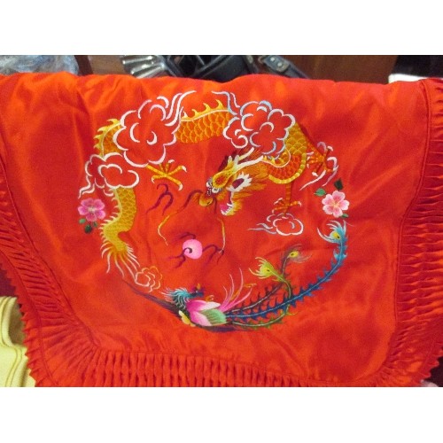 115 - TWO CHINESE SATIN CUSHION COVERS EMBROIDERED WITH DRAGONS AND EXOTIC BIRDS TOGETHER WITH A DAMASK TA... 