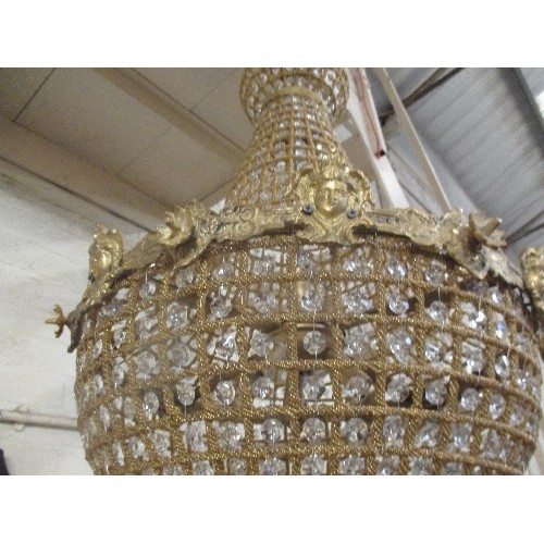 179 - LARGE FRENCH STYLE CRYTSAL CHANDELIER - HOLDS 6 X BULBS - ORMOLU BAND WITH MASK HEADS - 50CM DIA - 8... 