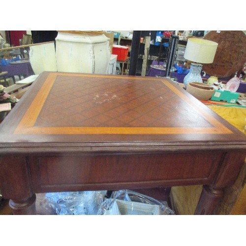 243 - SQUARE SIDE TABLE, WITH INLAID DIAMOND PATTERN TOP. APPROX 50CM SQUARE.