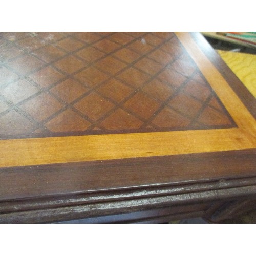 243 - SQUARE SIDE TABLE, WITH INLAID DIAMOND PATTERN TOP. APPROX 50CM SQUARE.