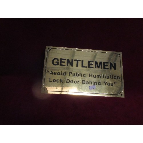 98 - NOVELTY GENTLEMANS GOLD METAL TOILET SIGN.