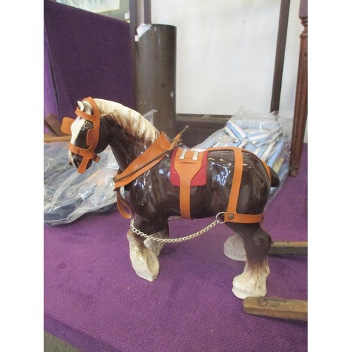 103 - CERAMIC SHIRE HORSE, PULLING HAND MADE DRAY WITH WOODEN BARRELS