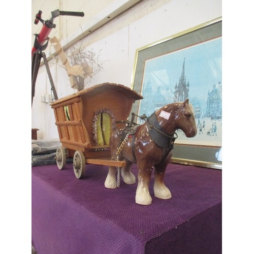 109 - LARGE CHINA SHIRE, PULLING HAND MADE WOODEN GYPSY CARAVAN.